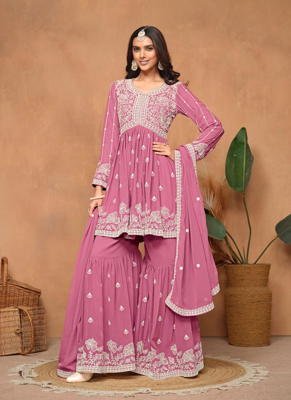 Lassya Fahion  Neon Pink Stylish Sharara Suit in Faux Georgette