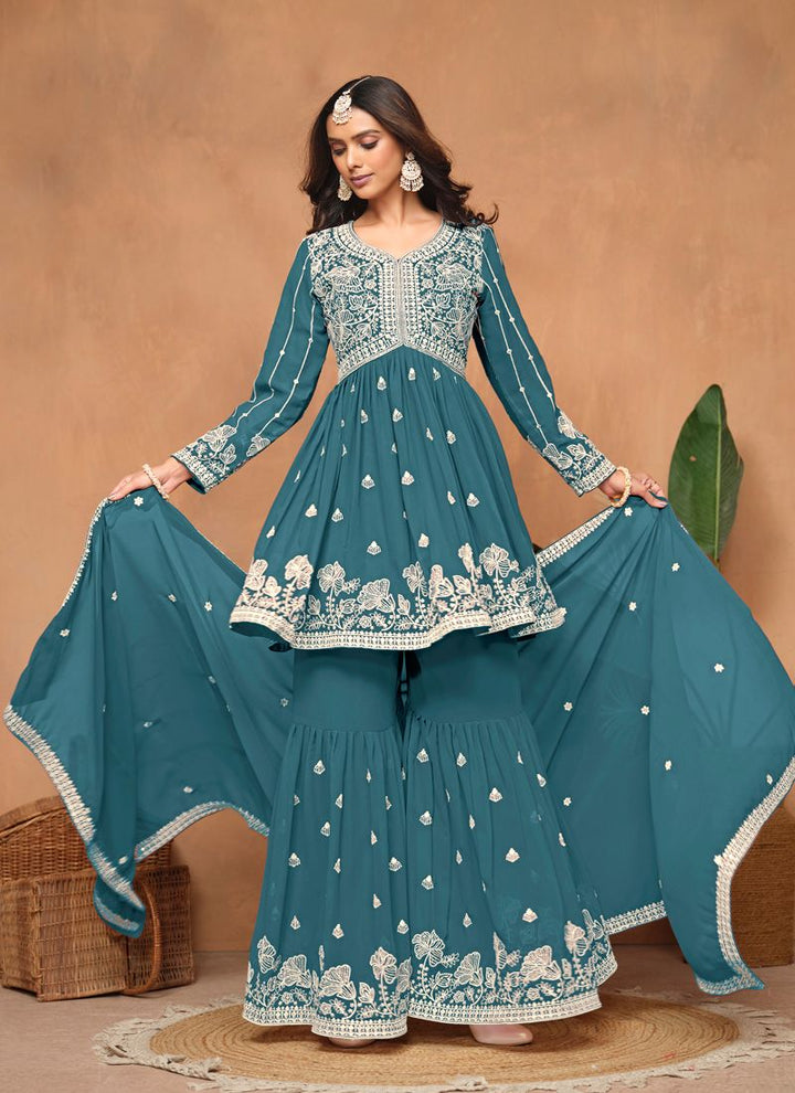 Lassya Fahion  Teal Green Stylish Sharara Suit in Faux Georgette