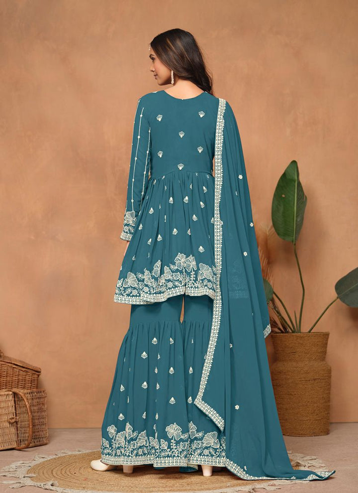 Lassya Fahion  Teal Green Stylish Sharara Suit in Faux Georgette