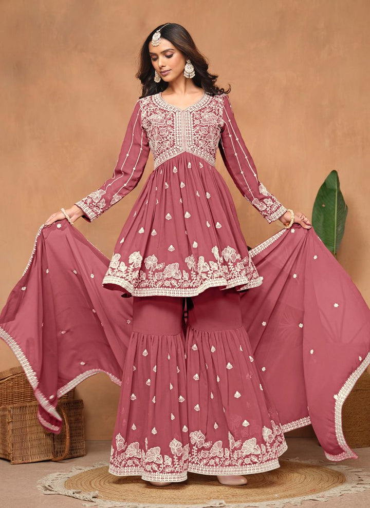 Lassya Fahion  Rough Pink Stylish Sharara Suit in Faux Georgette