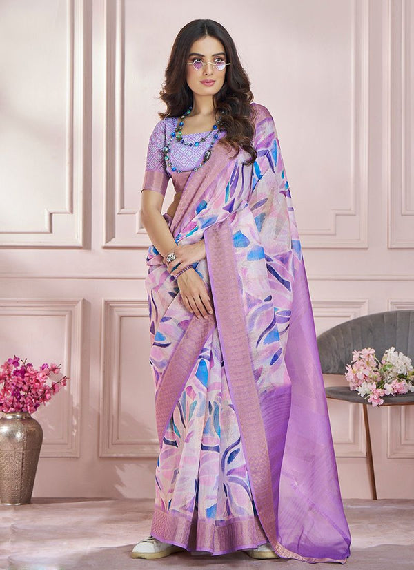 Lassya Fahion  Lavender Printed Saree in Soft Zari Modal Silk