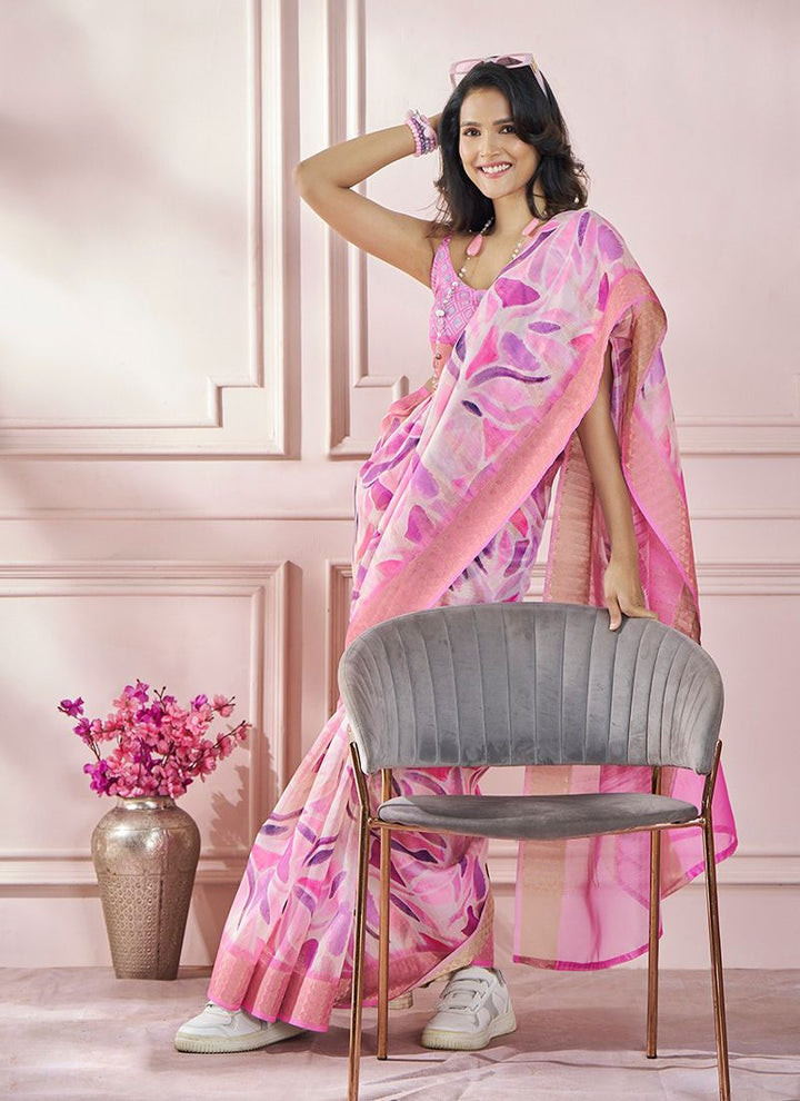 Lassya Fahion  Pink Printed Saree in Soft Zari Modal Silk