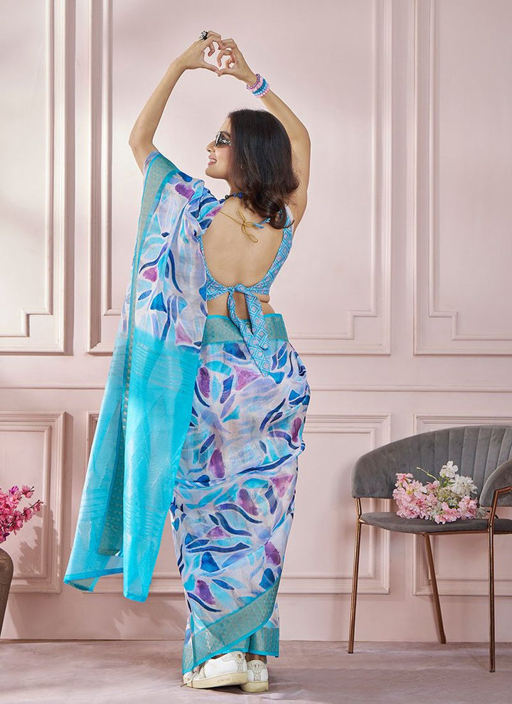 Lassya Fahion  Blue Printed Saree in Soft Zari Modal Silk