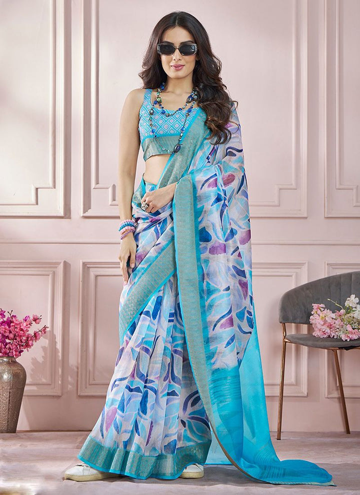 Lassya Fahion  Blue Printed Saree in Soft Zari Modal Silk