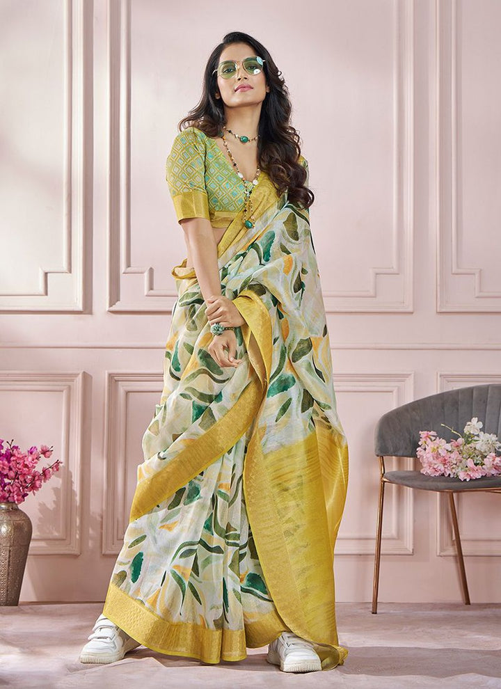 Lassya Fahion  Yellow Printed Saree in Soft Zari Modal Silk