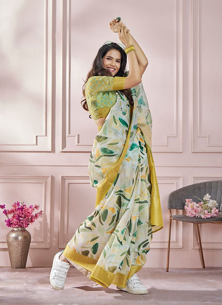 Lassya Fahion  Yellow Printed Saree in Soft Zari Modal Silk