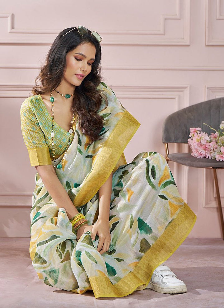 Lassya Fahion  Yellow Printed Saree in Soft Zari Modal Silk