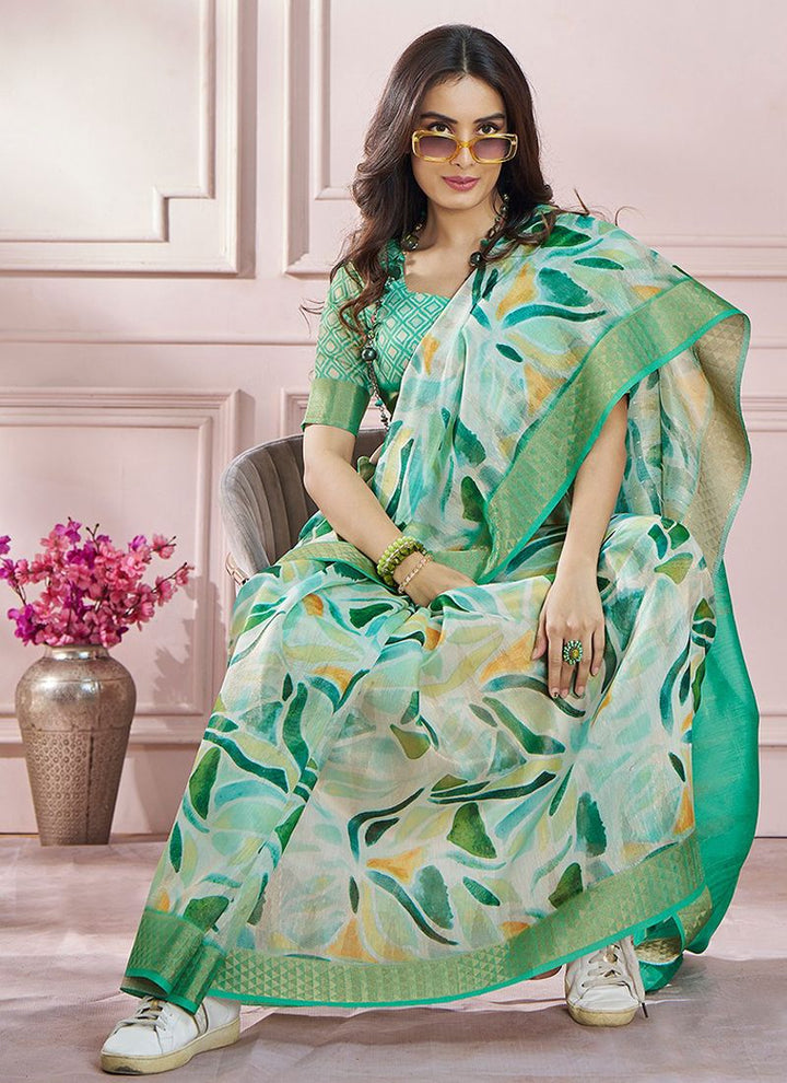 Lassya Fahion  Green Printed Saree in Soft Zari Modal Silk