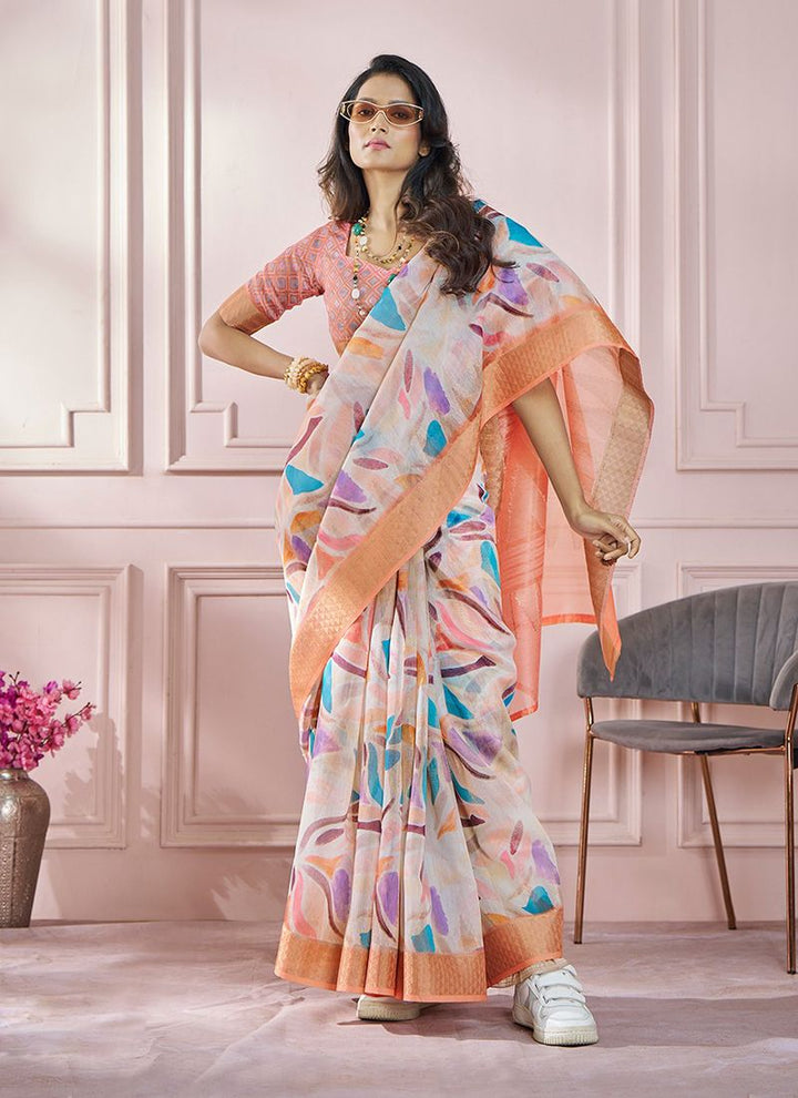 Lassya Fahion  Orange Printed Saree in Soft Zari Modal Silk