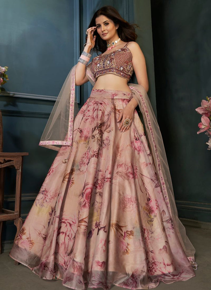 Lassya Fahion Coffee Brown Engagement Lehenga in Organza Silk with Digital Print