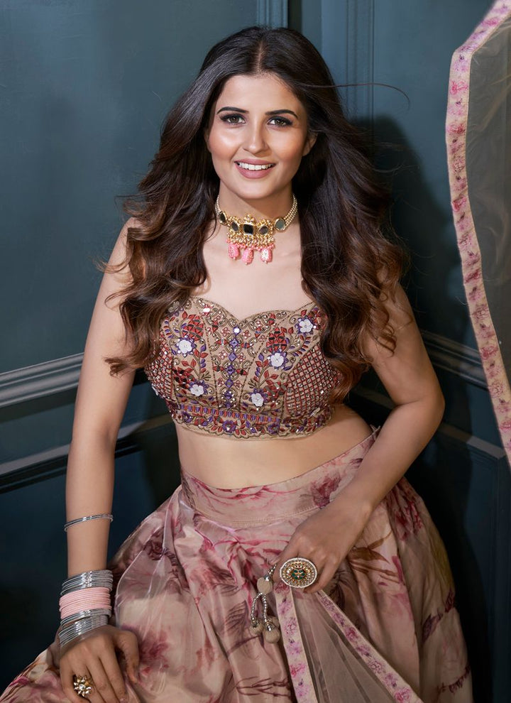 Lassya Fahion Coffee Brown Engagement Lehenga in Organza Silk with Digital Print