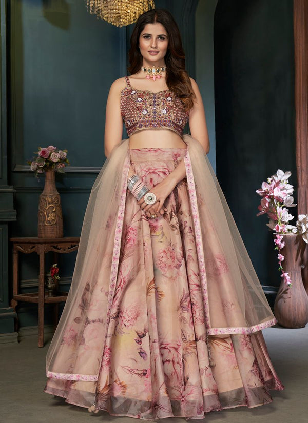 Lassya Fahion Coffee Brown Engagement Lehenga in Organza Silk with Digital Print