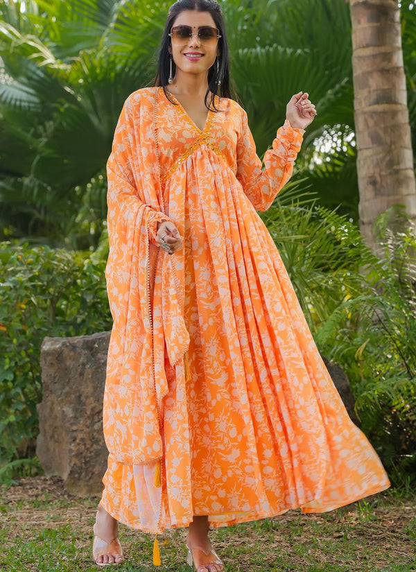 Lassya Fahion Tangerine Orange Floral Printed Georgette Gown with Dupatta