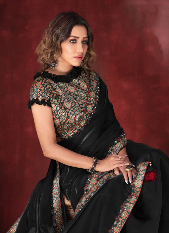 Lassya Fahion Onyx Black Party Wear Saree with Printed Lace and Tassels