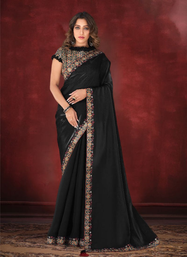 Lassya Fahion Onyx Black Party Wear Saree with Printed Lace and Tassels