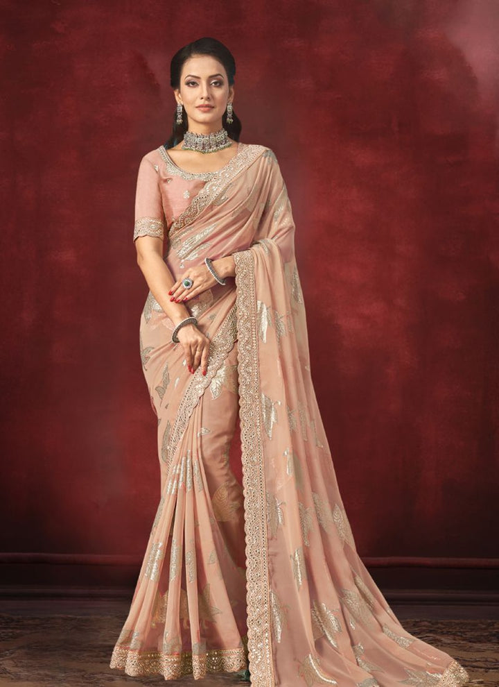 Lassya Fahion Apricot Orange Party Wear Saree with Foil Print and Embroidery