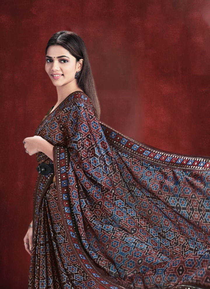 Lassya Fahion Coffee Brown Party Wear Saree with Embroidery and Stone Accents