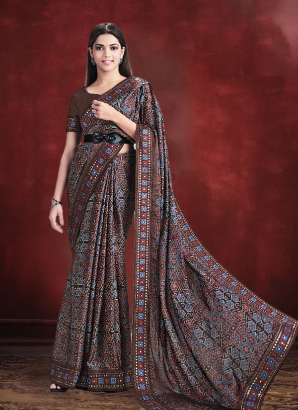 Lassya Fahion Coffee Brown Party Wear Saree with Embroidery and Stone Accents