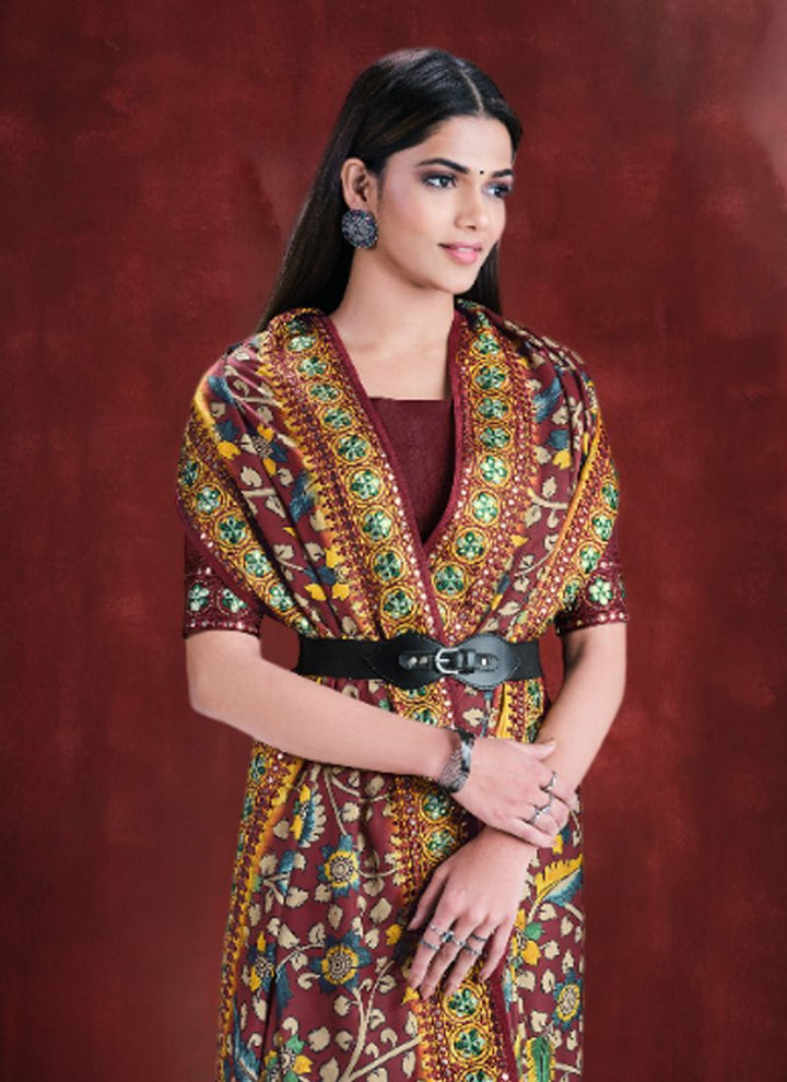 Lassya Fahion Chocolate Brown Party Wear Saree with Embroidery and Stone Detailing