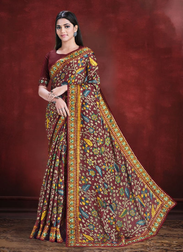 Lassya Fahion Chocolate Brown Party Wear Saree with Embroidery and Stone Detailing