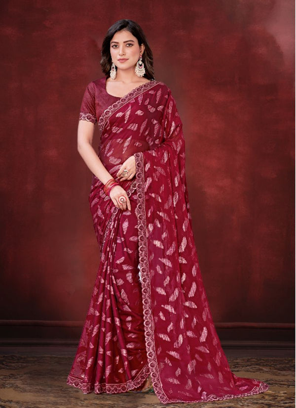 Lassya Fahion Maroon Red Party Wear Saree with Zari Weaving and Embroidered Border