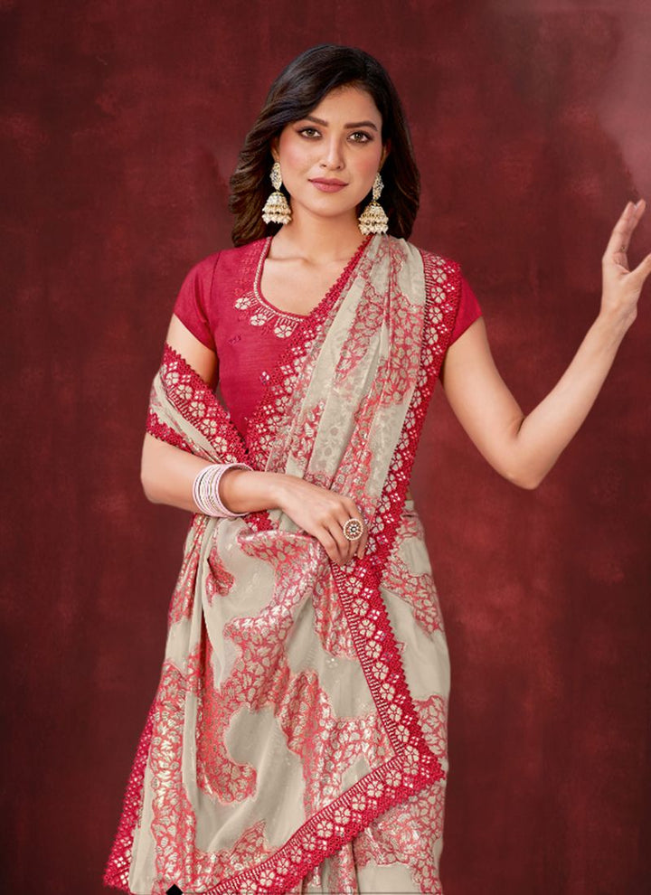 Lassya Fahion Red-Cream Party Wear Saree with Zari Weaving Sequence Border