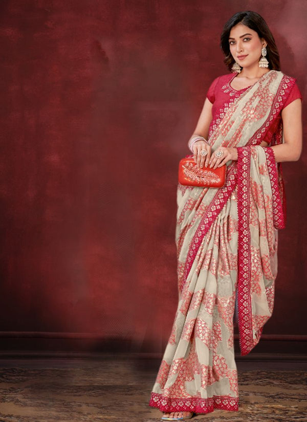 Lassya Fahion Red-Cream Party Wear Saree with Zari Weaving Sequence Border