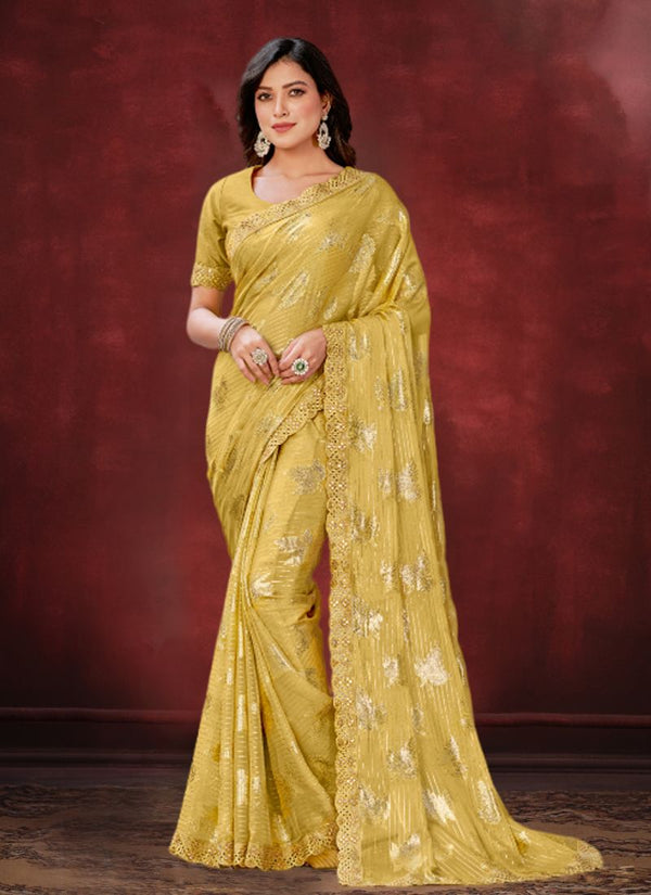 Lassya Fahion Jasmine Yellow Glamorous Party Wear Saree with Zari Weaving