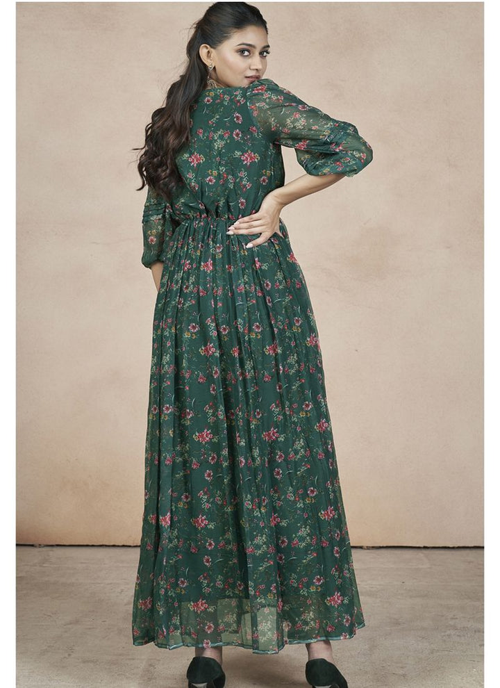 Lassya Fashion Pine Green Festive Wear Gown with Ruffle Flair