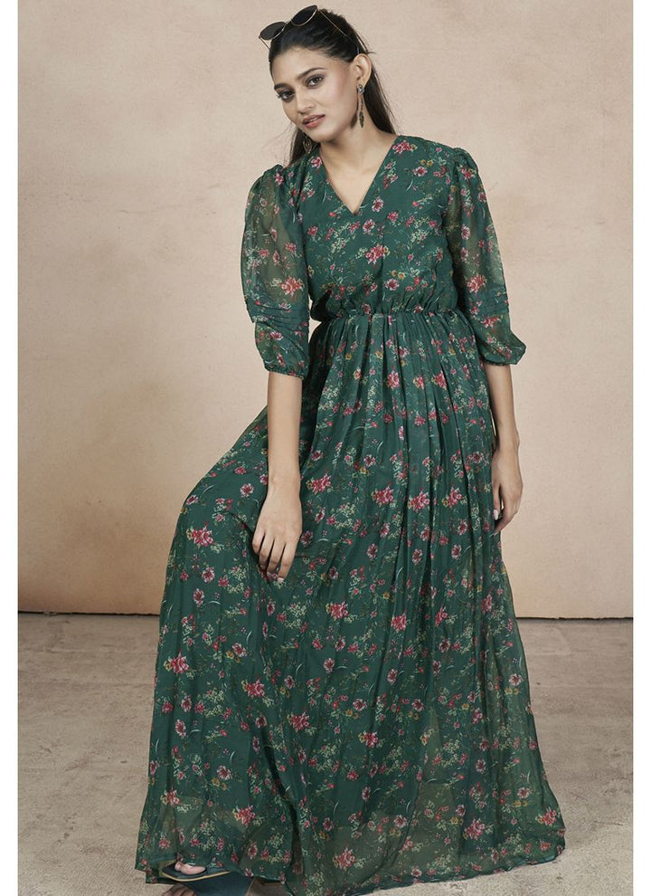 Lassya Fashion Pine Green Festive Wear Gown with Ruffle Flair