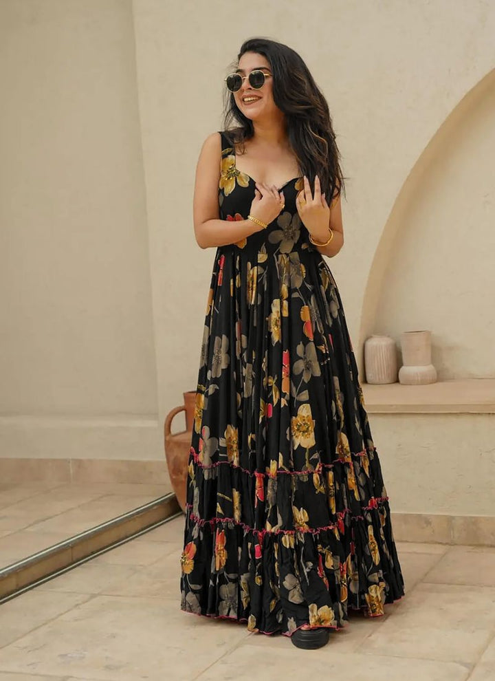 Lassya Fashion  Onyx Black Casual Wear Gown with Digital Prints