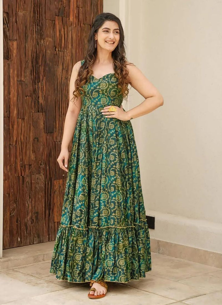 Lassya Fashion  Pine Green Casual Rayon Gown with Digital Prints