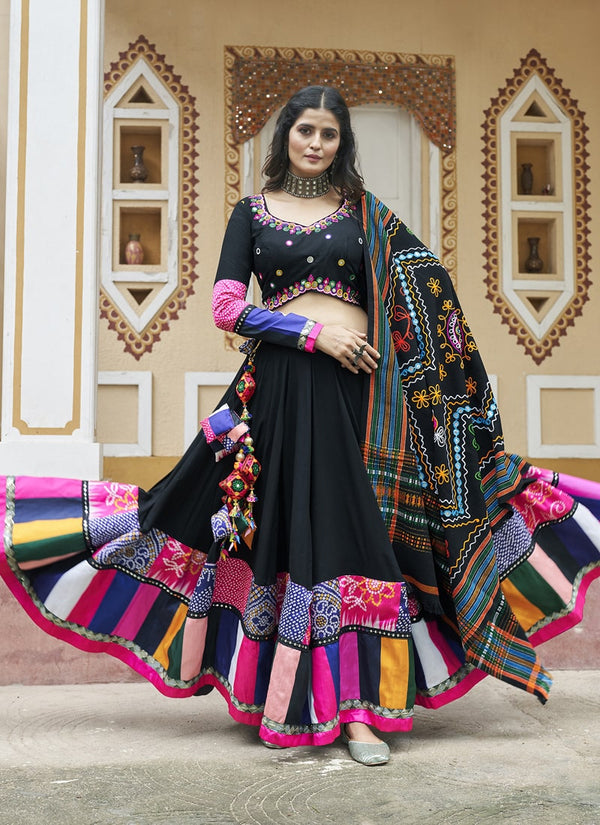 Lassya Fashion  Jet Black Navratri Chaniya Choli with Embroidery and Mirror Work