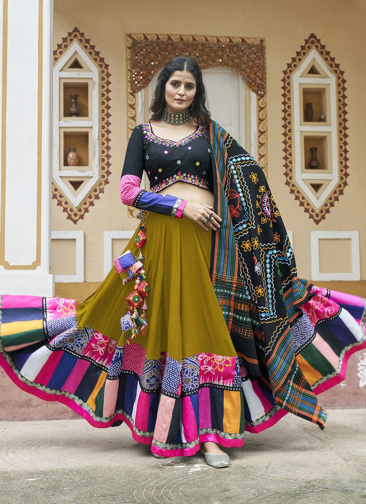 Lassya Fashion  Flouracent Green Navratri Chaniya Choli with Embroidery and Mirror Work