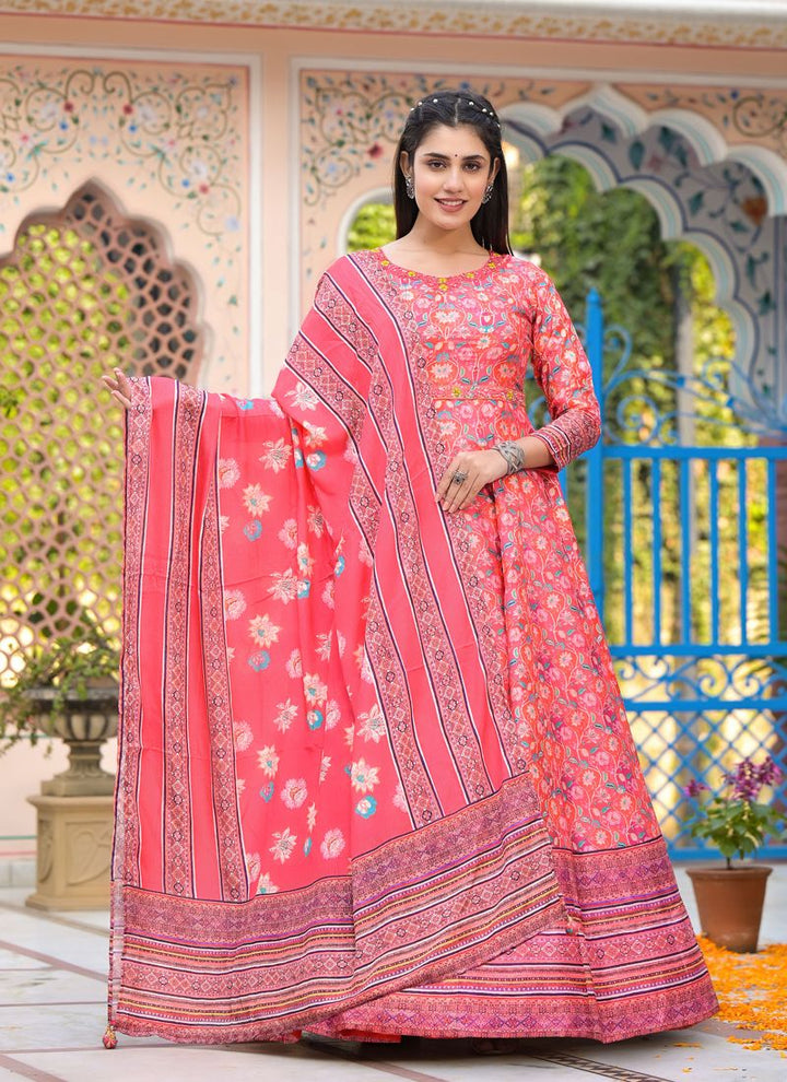 Lassya Fashion  Hot Pink Wedding Wear Dola Silk Gown with Handwork