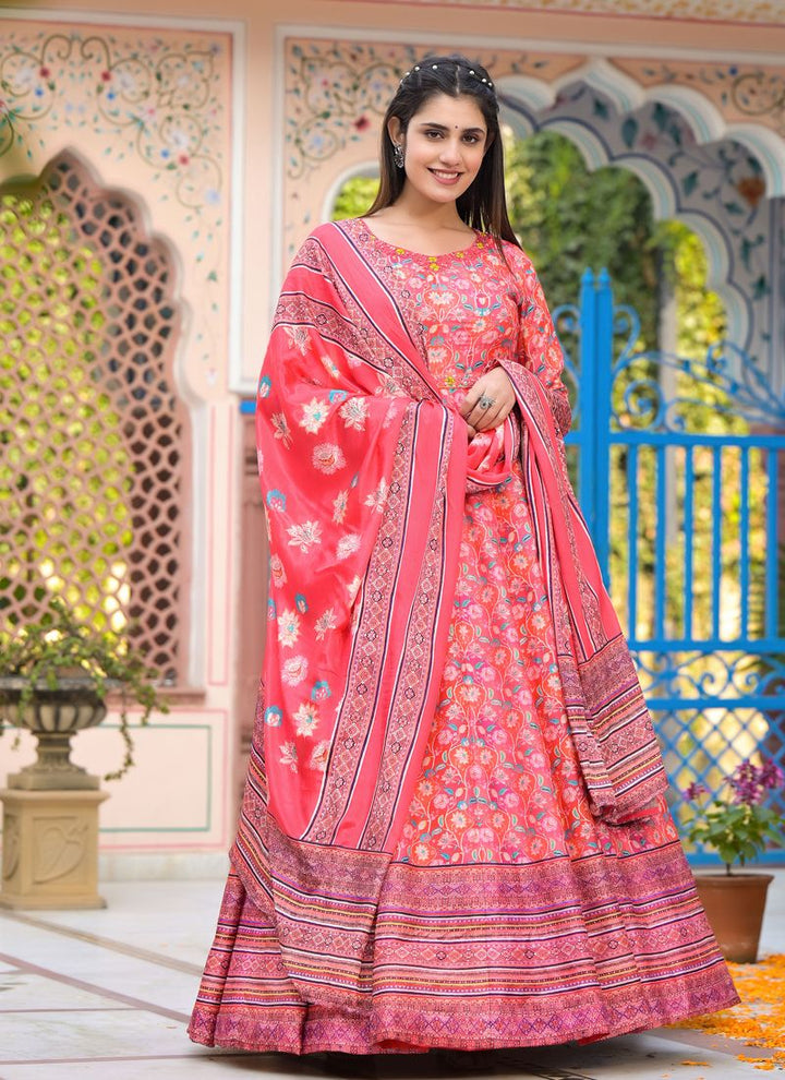 Lassya Fashion  Hot Pink Wedding Wear Dola Silk Gown with Handwork