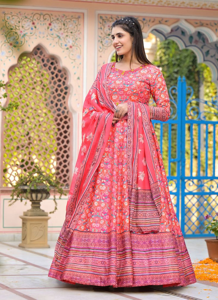 Lassya Fashion  Hot Pink Wedding Wear Dola Silk Gown with Handwork