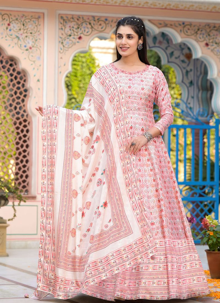 Lassya Fashion  Blush Pink Wedding Wear Dola Silk Gown with Handwork