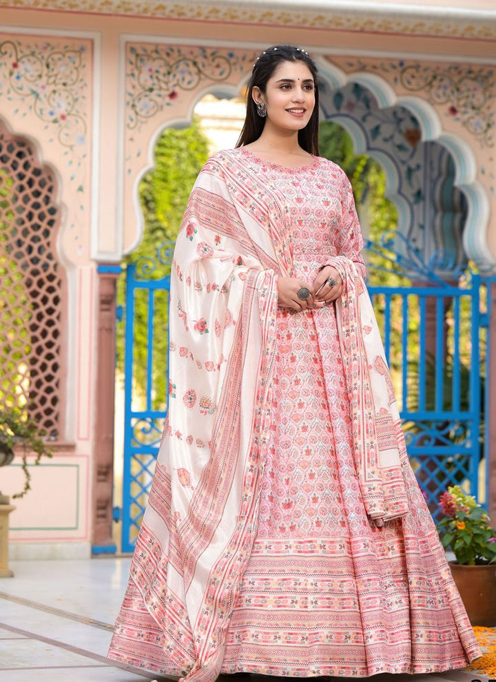 Lassya Fashion  Blush Pink Wedding Wear Dola Silk Gown with Handwork