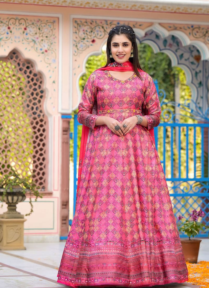 Lassya Fashion  Dark Pink Wedding Wear Dola Silk Gown with Handwork