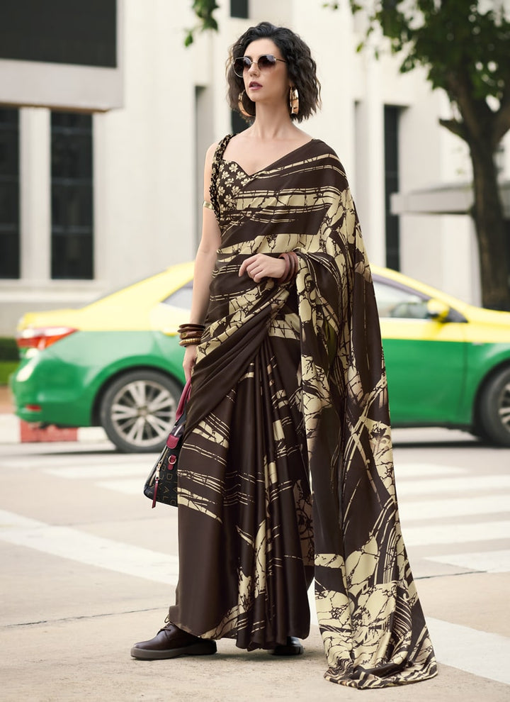 Lassya Fashion  Dark Brown Party Wear Japan Satin Saree with Satin Blouse