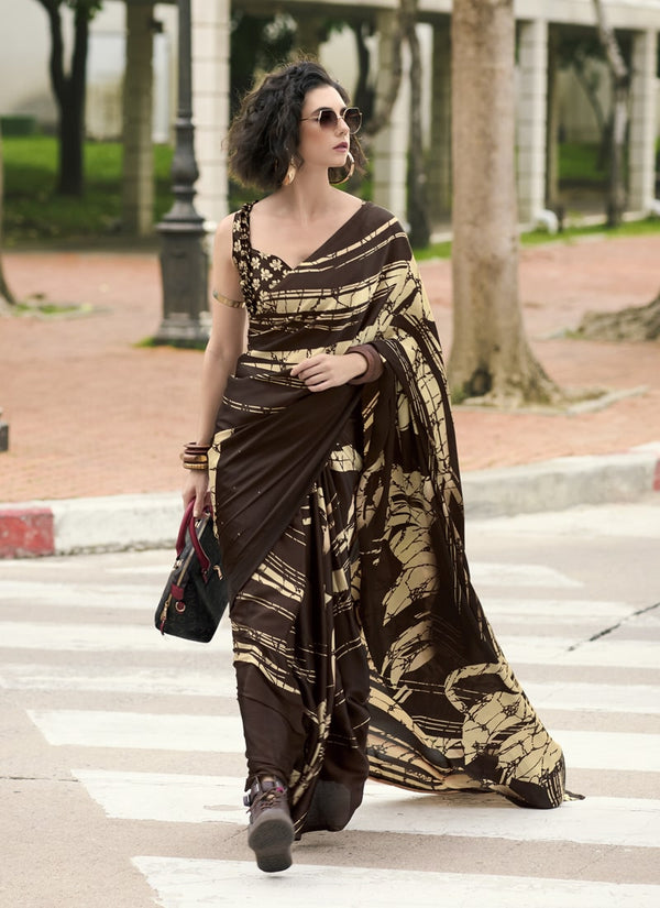 Lassya Fashion  Dark Brown Party Wear Japan Satin Saree with Satin Blouse