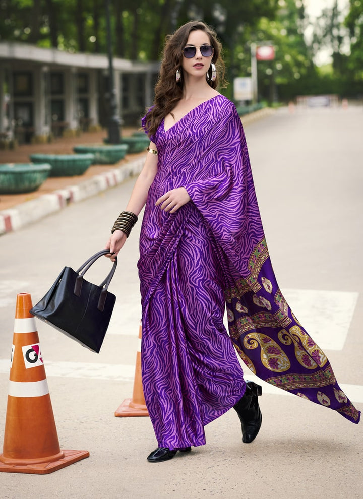 Lassya Fashion  Purple Violet Party Wear Japan Satin Saree with Satin Blouse