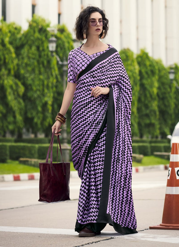 Lassya Fashion  Lavender-Black Party Wear Japan Satin Saree with Satin Blouse