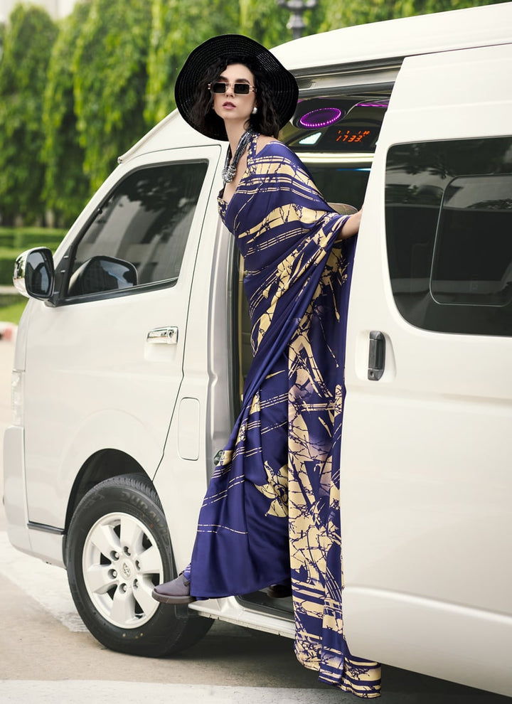 Lassya Fashion  Navy Blue Party Wear Japan Satin Saree with Satin Blouse