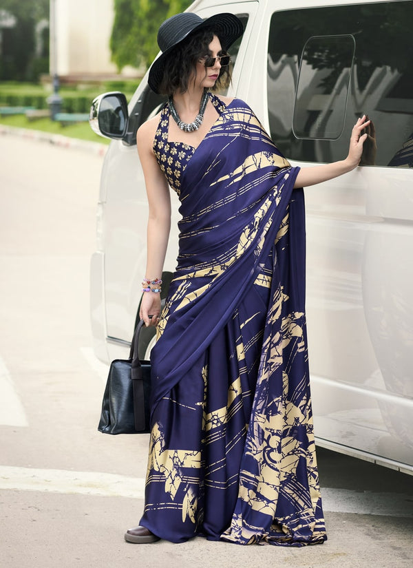 Lassya Fashion  Navy Blue Party Wear Japan Satin Saree with Satin Blouse