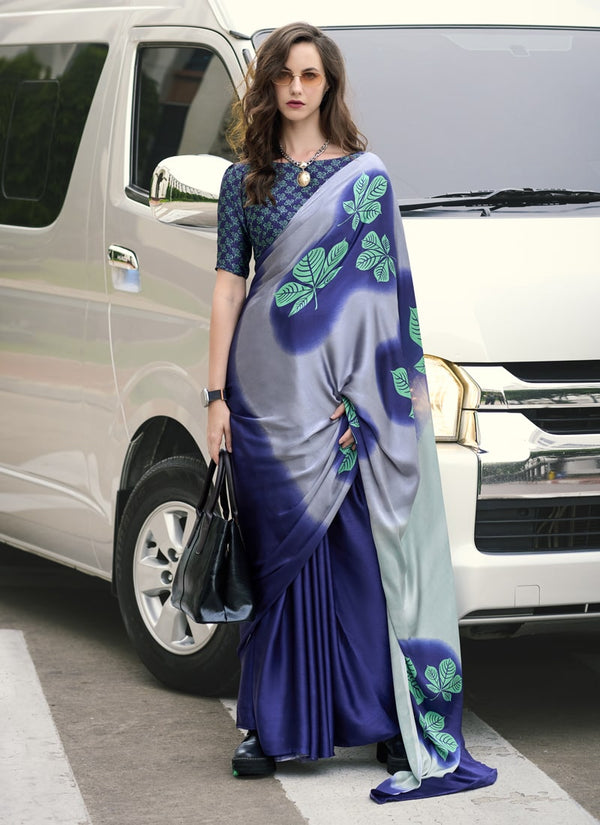 Lassya Fashion  Midnight Blue Party Wear Japan Satin Saree with Satin Blouse