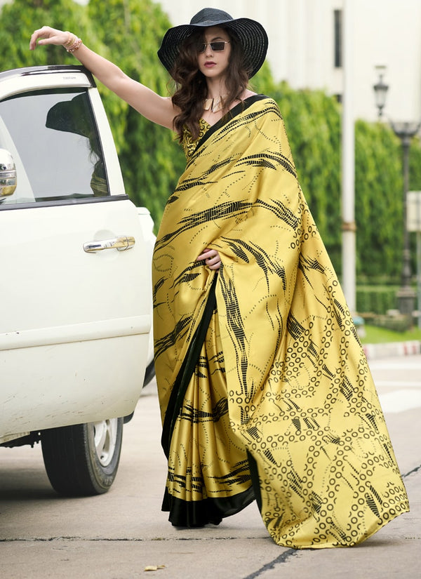 Lassya Fashion  Flax Yellow Party Wear Japan Satin Saree with Satin Blouse