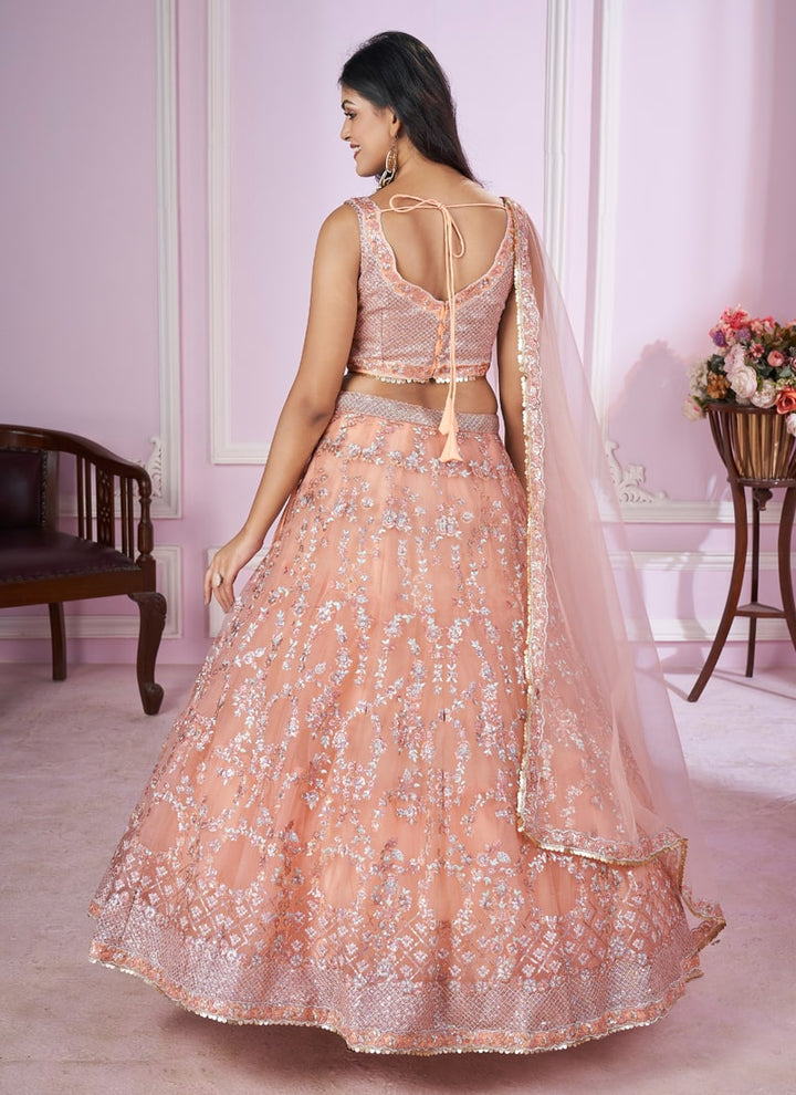 Lassya Fashion  Peach Pink Engagement Lehenga with Sequins and Zari Embroidery