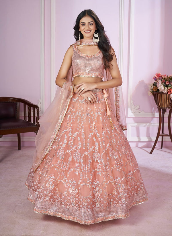 Lassya Fashion  Peach Pink Engagement Lehenga with Sequins and Zari Embroidery